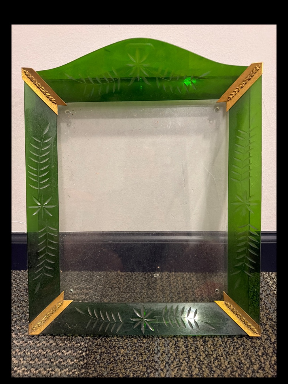 Green Etched Glass Decorative photo frame  with brass Corner Accents